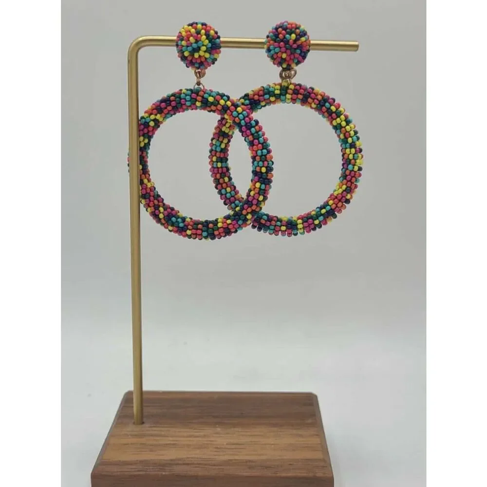 Colorful Beaded Hoop Stud Earrings